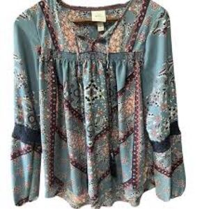 Knox Rose Blue Floral Peasant Tassel Tie Smocking Lace Trim